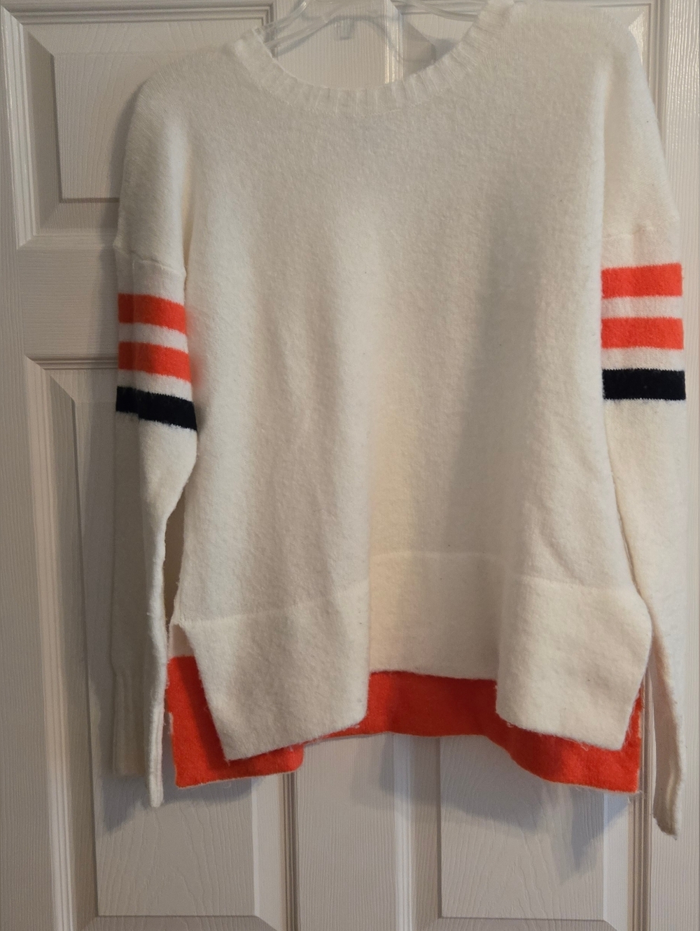 Cozy White Crewneck Sweater with Orange & Navy Stripe Accents